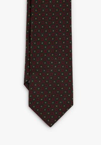 Corbata burdeos con un patrón geométrico de flores verdes y amarillas, hecha de una tela suave, con un extremo puntiagudo y un diseño texturizado.