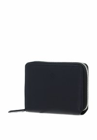 Black leather wallet with a zip-around silver zipper and embossed small logo centered on the front.