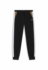 Zwarte joggers met witte zijstrepen, tan kleurige zakken, elastische boorden, een trekkoord in de taille en een klein wit 'BOSS' logo op de rechterdij.