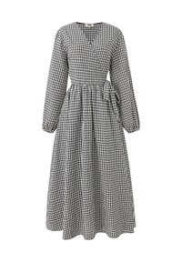 Robe midi à manches longues noir et blanc à carreaux avec décolleté en V, devant enveloppé, taille froncée et détail de nœud sur le côté.