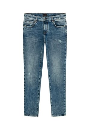 Jeans in denim blu con taglio dritto, caratterizzati da leggere sfrangiature, cinque tasche e chiusura con bottone. Il tessuto presenta una texture sbiadita.