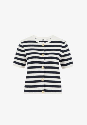 Raidallinen lyhythihainen neuletakki valkoisena ja laivastonsinisenä, jossa on kultasävyiset napit edessä ja pyöreä kaula-aukko.