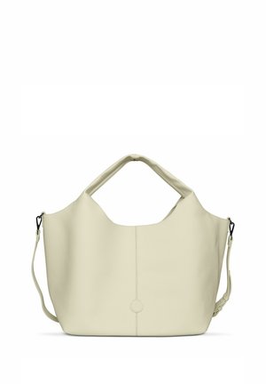 Borsa a mano in pelle beige con manici corti e tracolla regolabile, texture liscia e design semplice e minimalista.