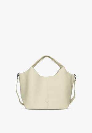 Bolso de mano de cuero beige con asas cortas y correa de hombro ajustable, textura suave y diseño simple y minimalista.