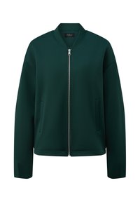 Dunkelgrüne Bomberjacke mit Reißverschluss vorne, geripptem Kragen, seitlichen Taschen und langen Ärmeln aus glattem Stoff.