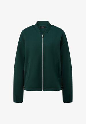 Dark green bomber jacket with a zip front, ribbed collar, side pockets, and long sleeves made from smooth fabric.
