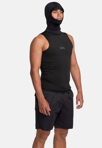 Black neoprene wetsuit top with a fitted design, high collar, and attached hood. Paired with black swim shorts. Logo detail on chest.
