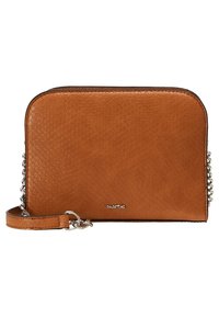 Brun faux læder crossbody taske med en struktureret overflade, oval form, lynlås lukning og sølv kæde detalje. Har en justerbar strop.