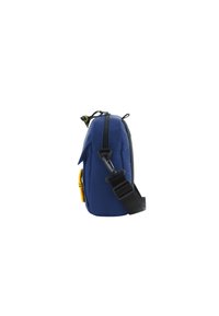 Navy blue shoulder bag with a textured fabric, zipper closure, and a yellow accent. Features an adjustable strap and side pocket.