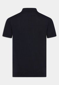 Navy blue short-sleeve polo shirt with a classic collar, made of smooth fabric. Features a ribbed hem and sleeve cuffs.