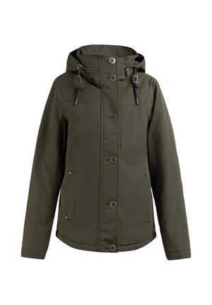 Chaqueta con capucha de color verde olivo que presenta un cierre frontal con cremallera y botones, dos bolsillos laterales y cuerdas ajustables en la capucha.