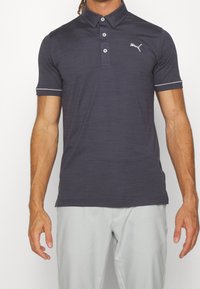 Polo tričko v tmavě šedé látce, krátké rukávy, jemná textura, tříknoflíková légou, bílý akcent na rukávech, vyšívané logo na hrudi.