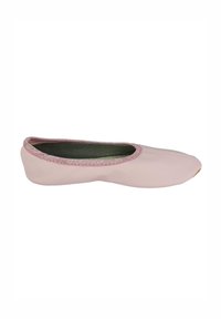 Helle rosa Ballerinas mit einem glatten Lederoberteil, runder Zehenform und einem weichen, strukturierten rosa Rand rund um die Öffnung.
