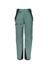 Grüne wasserdichte Hosen mit glatter Textur, verstellbaren Trägern, einem Reißverschluss vorne und einer seitlichen Tasche mit schwarzem Akzent.