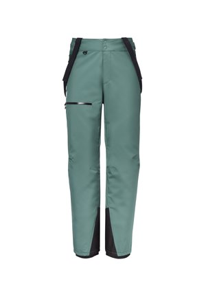 Green waterproof pants with a smooth texture, adjustable straps, a front zipper, and a side pocket featuring a black accent.