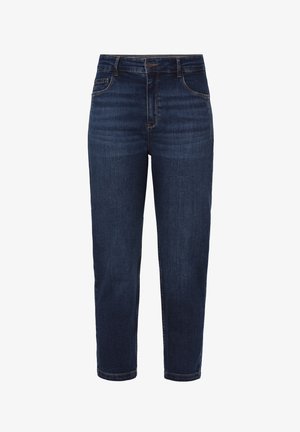 Korkeavyötäröiset, suorat farkut tummansinisessä denimissä. Ominaisuuksiin kuuluvat viisi taskua, kontrastiväriset saumat ja vetoketjuluukku nappisuljennalla.