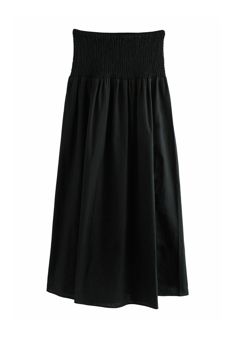 Jupe noire avec une taille smockée, au design fluide, longueur genou, fabriquée en tissu léger, avec une texture lisse et sans motifs visibles.
