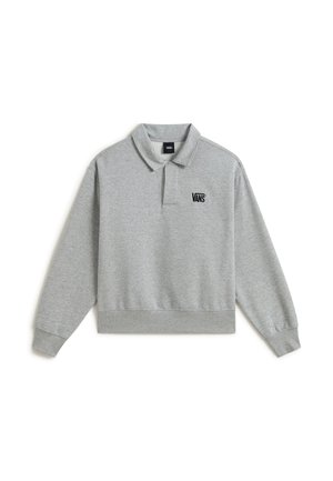 Lichtgrijs poloshirt met lange mouwen, kraag en zwart Vans-logo op de linkerborst, voorzien van geribde boorden aan de mouwen en zoom.