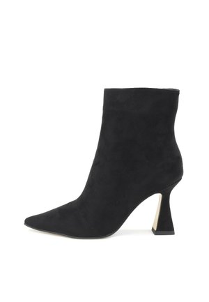 Black suede ankle boot with a pointed toe and a unique geometric heel. The design features a smooth texture and no visible patterns.