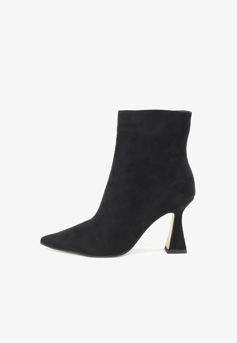 Black suede ankle boot with a pointed toe and a unique geometric heel. The design features a smooth texture and no visible patterns.