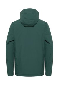 Veste à capuche verte avec une finition lisse et mate. Présente un design minimaliste, offrant une silhouette épurée sans matériel ni accents visibles.
