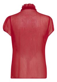 Rote transparente Bluse aus leichtem Material, mit hohem, rüschendetails Kragen und kurzen Ärmeln, die eine glatte, durchscheinende Textur aufweist.