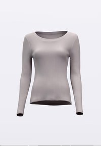 Μπλούζα με μακριά μανίκια σε ανοιχτό γκρι ριμπ ύφασμα, με στρογγυλή λαιμόκοψη και εφαρμοστή σιλουέτα, με απαλό ύφασμα και χωρίς ορατά κουμπώματα.