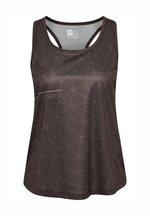 Ciemnoszary, bezrękawnik sportowy z geometrycznym wzorem linii i logo "Hummel" na przedniej lewej stronie.