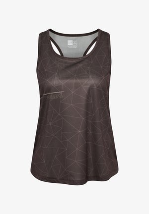 Ciemnoszary, bezrękawnik sportowy z geometrycznym wzorem linii i logo "Hummel" na przedniej lewej stronie.