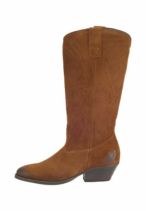 Braune Wildleder-Cowboystiefel mit spitzem Zeh, erhöhten Stickmustern, einem niedrigen Stacked-Absatz und einer Schlaufe oben für ein einfaches An- und Ausziehen.