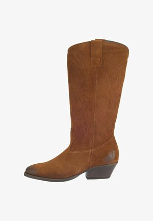 Braune Wildleder-Cowboystiefel mit spitzem Zeh, erhöhten Stickmustern, einem niedrigen Stacked-Absatz und einer Schlaufe oben für ein einfaches An- und Ausziehen.