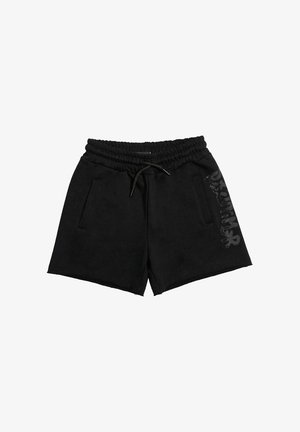 Pantaloncini con vita elastica nera, coulisse, tasche laterali e un sottile testo grafico scuro sulla coscia destra.