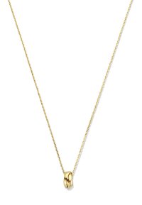 Collier en chaîne dorée avec un pendentif lisse et poli. La chaîne présente un design délicat. Le pendentif a une forme sphérique entrelacée.