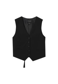 Gilet noir à col en V, six boutons, deux poches avant et forme fuselée en bas. Texture lisse et design minimaliste.