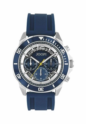 Men's JOOP! chronograph watch with blue silicone strap, silver-tone bezel, three subdials, and yellow second hand.