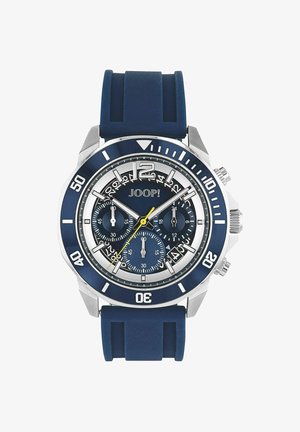 Herrenchronograph von JOOP! mit blauem Silikonarmband, silbernem Gehäuse, drei Hilfszifferblättern und gelbem Sekundenzeiger.