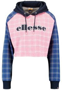 Felpa corta con cappuccio, davanti in flanella rosa a quadri, maniche in flanella blu a quadri, polsini e cappuccio neri, con il logo "ellesse" sul petto.