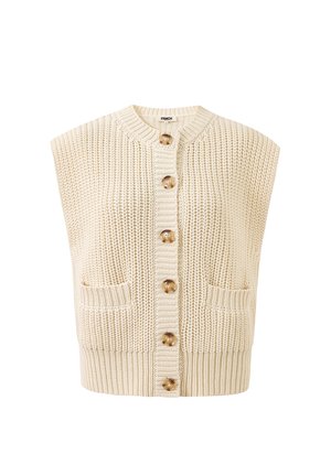 Cremefarbene, gestrickte ärmellose Weste mit sechs braunen Knöpfen und zwei Fronttaschen, gerippter Kragen und Saum.