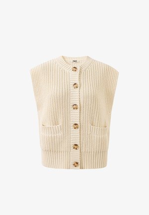 Cremefarbene, gestrickte ärmellose Weste mit sechs braunen Knöpfen und zwei Fronttaschen, gerippter Kragen und Saum.