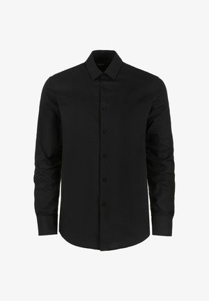 Czarna, długosleeve koszula zapinana na guziki, wykonana z gładkiego materiału. Posiada klasyczny kołnierzyk oraz subtelne logo na piersi. Normalny krój.