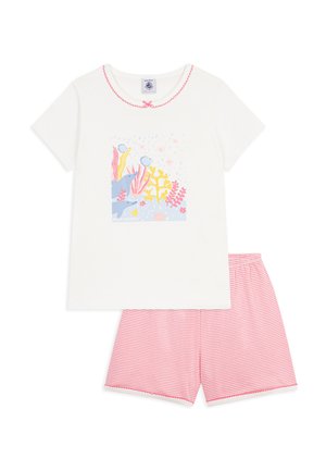 Haut blanc à manches courtes avec encolure festonnée rose et motif sur le thème de l'océan, assorti à un short rayé rose et blanc avec taille élastique.