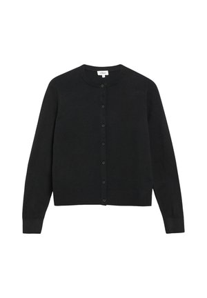 Zwarte cardigan met lange mouwen en knopen, ronde hals en geribde manchetten en zoom, plat gelegd op een witte achtergrond.