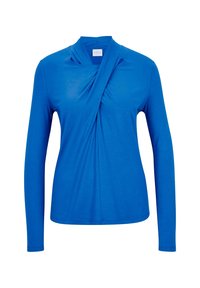 Blaues Langarmshirt aus weichem Stoff mit einem drapierten Vorderdesign, asymmetrischem Ausschnitt und glatter Textur.