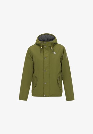 Oliivivärvi jope kapuutsiga, millel on hall sisemine vooder, nupuvajutuse esine sulgemine ja kaks eesmist tõmblukuga taskut. Aktsenteerituna nööpidega.