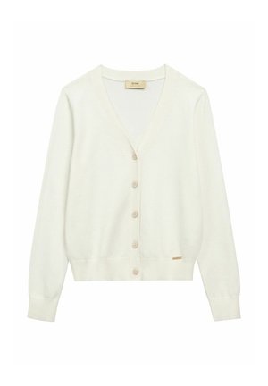 Kremowy kardigan z dekoltem w serek, długimi rękawami i zapinany na guziki. Posiada sześć guzików oraz subtelną metkę z logo po boku. Miękka w dotyku tkanina.