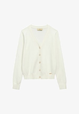 Kremowy kardigan z dekoltem w serek, długimi rękawami i zapinany na guziki. Posiada sześć guzików oraz subtelną metkę z logo po boku. Miękka w dotyku tkanina.