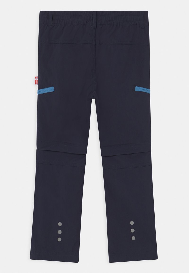 Pantaloni impermeabili navy con cintura elastica, accenti laterali blu e tre punti riflettenti all'orlo per una maggiore visibilità.