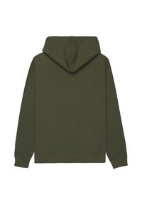Felpa verde oliva con una consistenza morbida, dotata di tasca a marsupio, polsini a costine e cappuccio con cordino. Design semplice e casual.