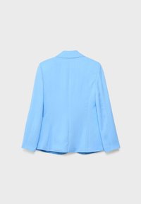 Light blue tailored blazer with long sleeves, back vents, and a classic collar, shown from the back on a plain background.