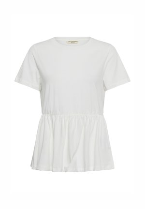 Witte blouse met korte mouwen, ronde halslijn en geplooide peplum in de taille, gemaakt van lichtgewicht stof.